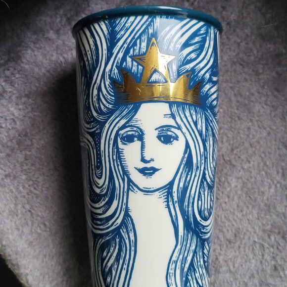 Starbucks Tumbler 2016 Limited Edition Blue Siren Gold Crown with Lid GUC "BIN B - Picture 1 of 11